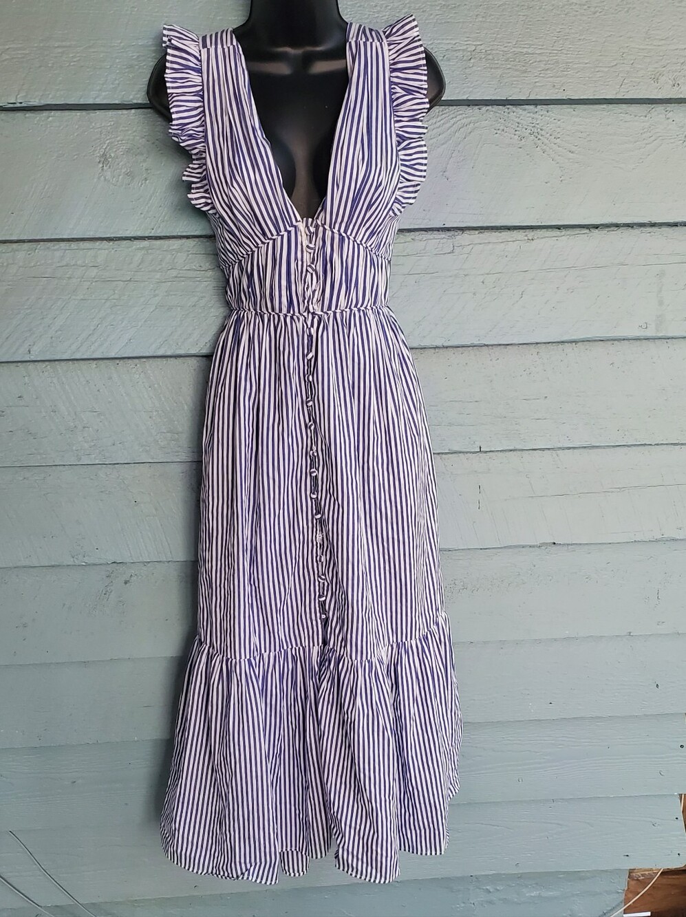 O.p.t. Stella Striped Ruffle Midi Dress in Navy and White